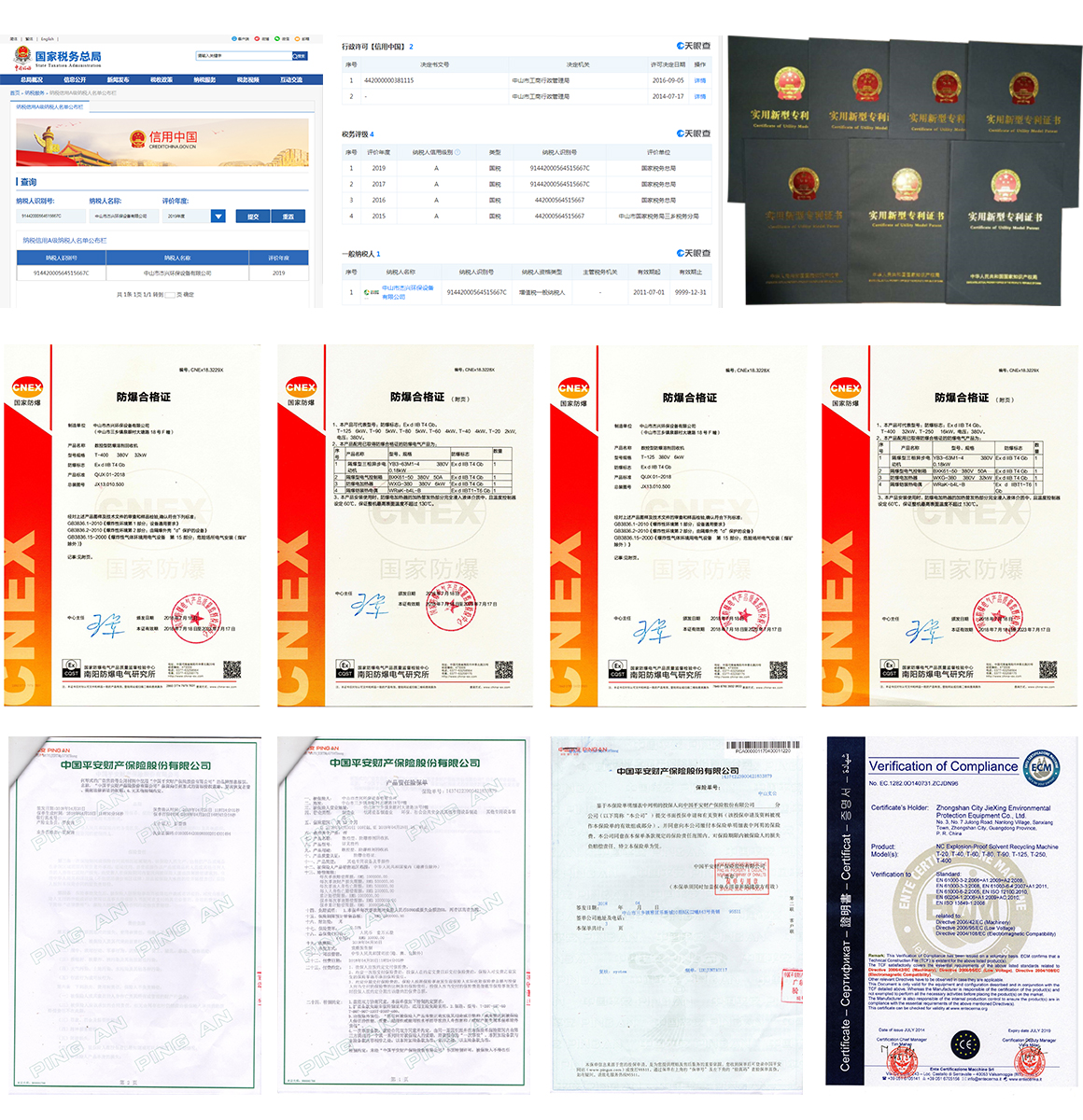 通過整機(jī)防爆認(rèn)證的溶劑回收機(jī)與各項專利證書